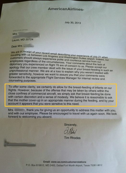 Letter from American Airlines to breastfeeding mother after July 2013 incident