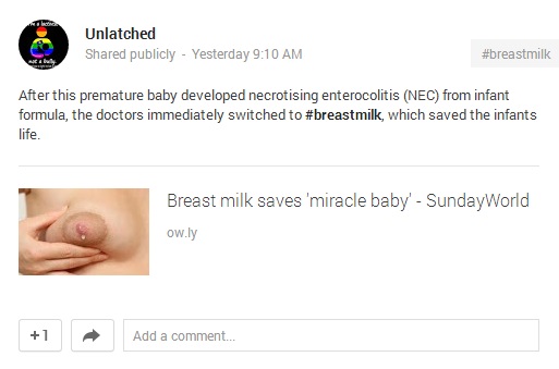 "Breast Milk saves 'miracle baby'" article still on Google +